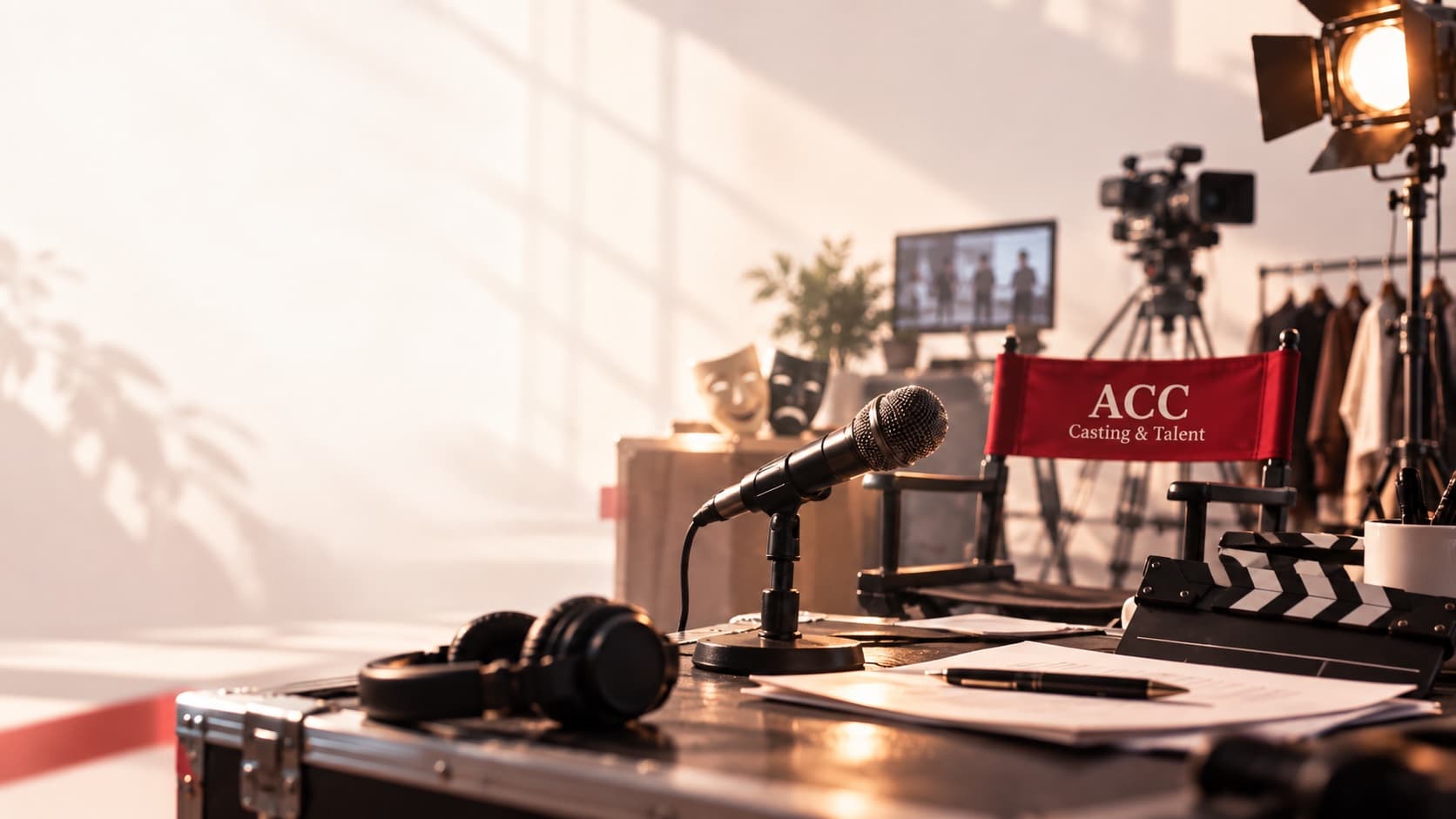 استوديو فيه ميكروفون وكاميرا وكرسي مخرج مكتوب عليه ACC Casting & Talent