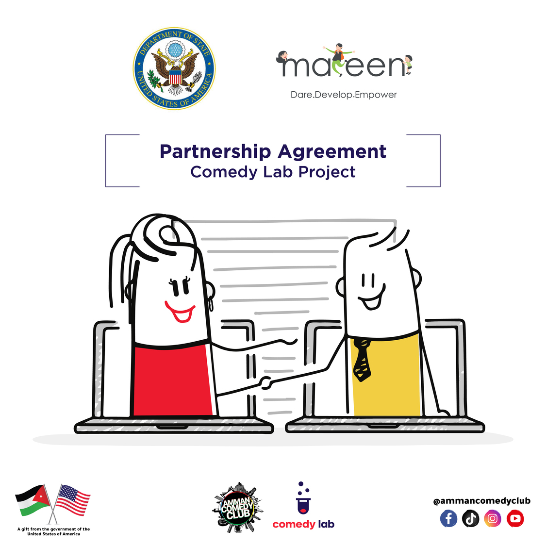 منظمة متين والسفارة الأمريكية يُوقعان اتفاقية شراكة لإطلاق مشروع  “كوميدي لاب” بالتعاون مع نادي عمان للكوميديا.